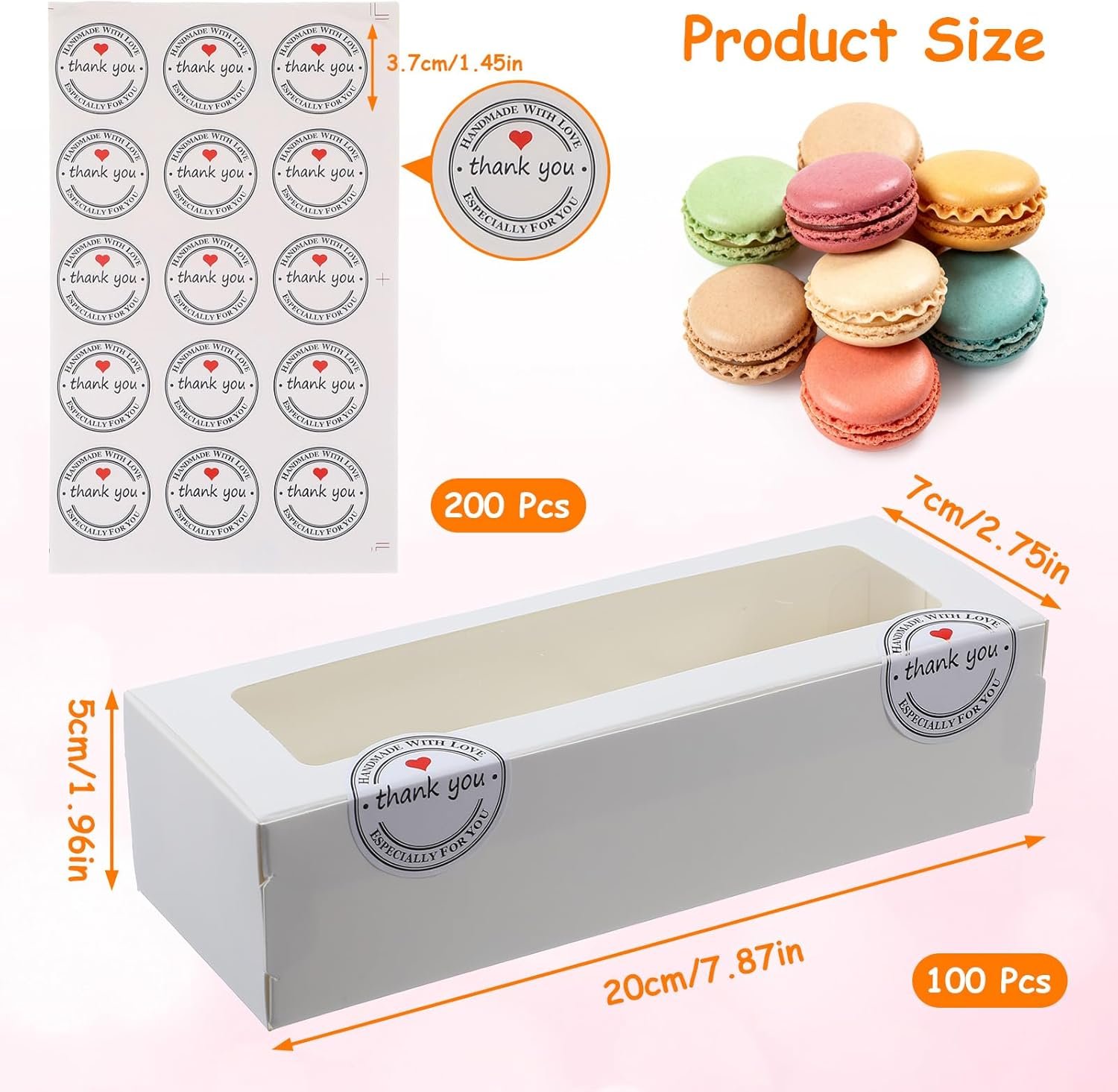 Wholesale 100pcs Clear Window Macaron Boxes 200 Stickers Long Rectangle White Bakery Packaging Cookies Donuts Pastries Chocolate Strawberries Factory