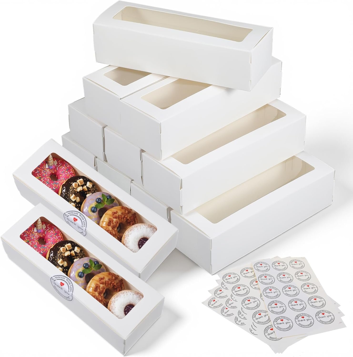 PercyEffie 100 Pcs Macaron Boxes with Window Cookies Boxes 200 Stickers Long Rectangle Bakery Packaging for Cookies Donuts Pastry Chocolate Covered Strawberry White