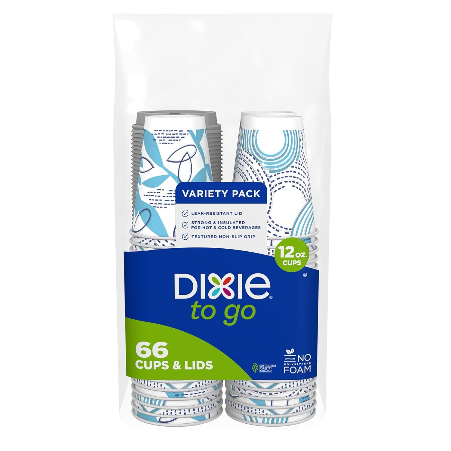 Dixie To Go Paper Coffee Cups With Lids, 12 oz, 66 ct, Disposable Insulated Paper Cups for On-The-Go Hot or Cold Beverages