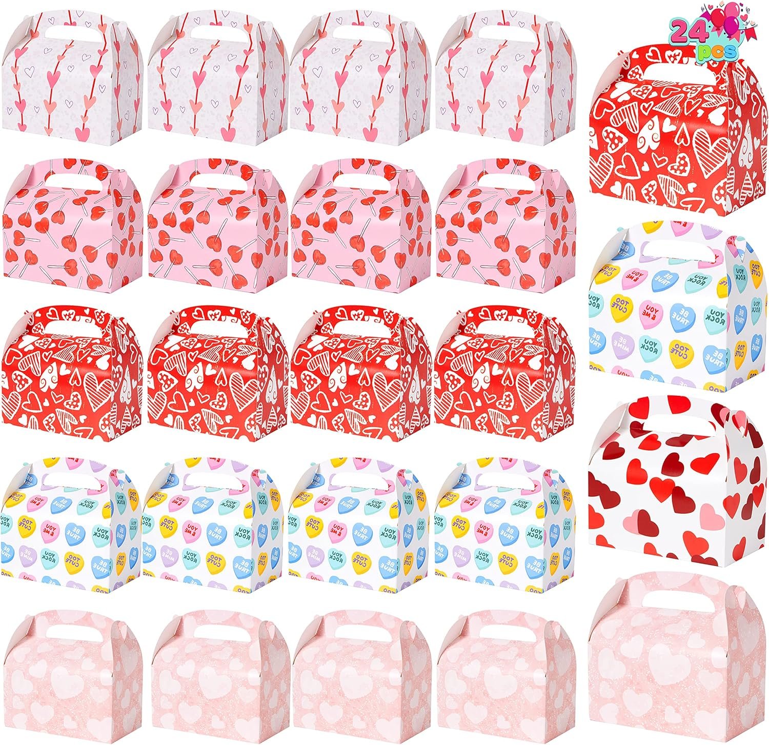 JOYIN 24 Pcs Valentine’s Day Gift Treat Boxes, Cookie Boxes with Colorful Heart shaped Design for Kids Party Favor, Classroom Exchange Prizes, Valentines Candy Boxes
