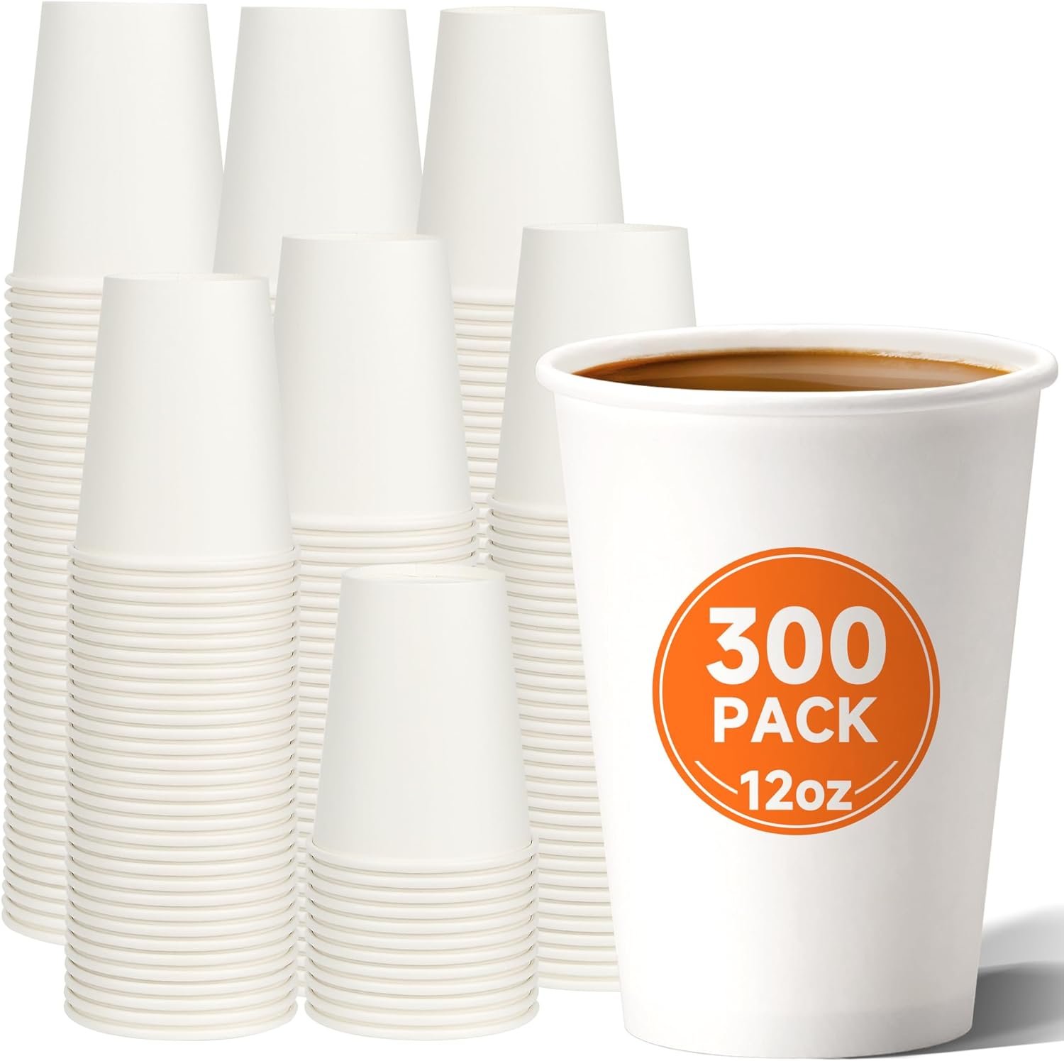 METAPRINT 12 oz Disposable Paper Coffee Cups [300 Pack], White Hot Coffee Cups 12 oz, Thickened Design for Cafes, Bistros, Parties, and Events