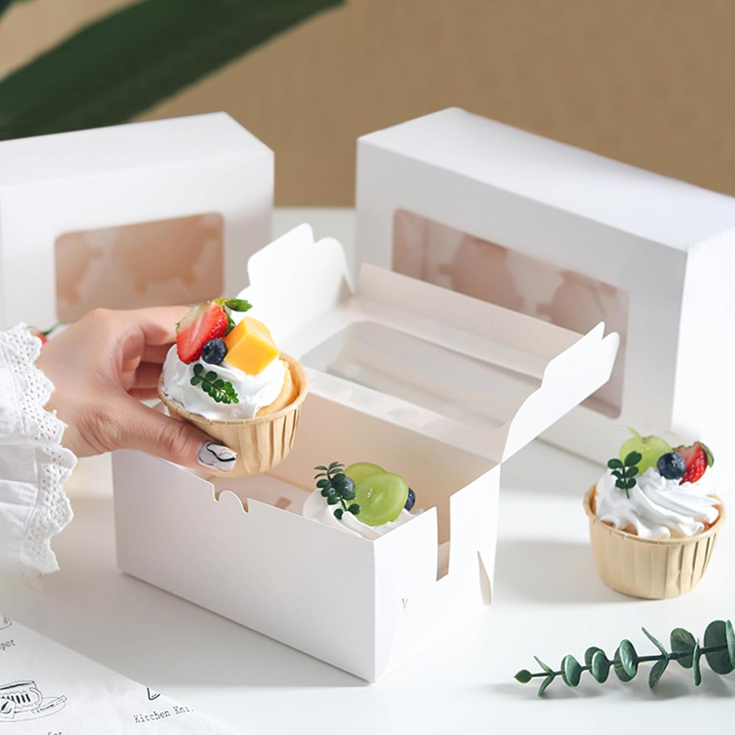 Wholesale 20-Pack White Paper 2-Cavity Cupcake Boxes Clear Window Cookie Gift Treat Holders Bakery Containers Birthday Party Supplies Factory