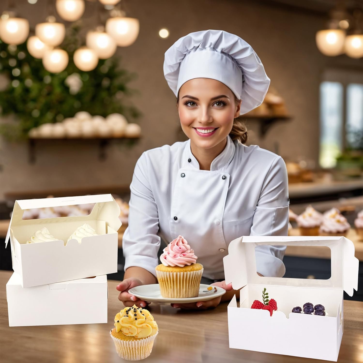 Wholesale 20-Pack White Paper 2-Cavity Cupcake Boxes Clear Window Cookie Gift Treat Holders Bakery Containers Birthday Party Supplies Factory