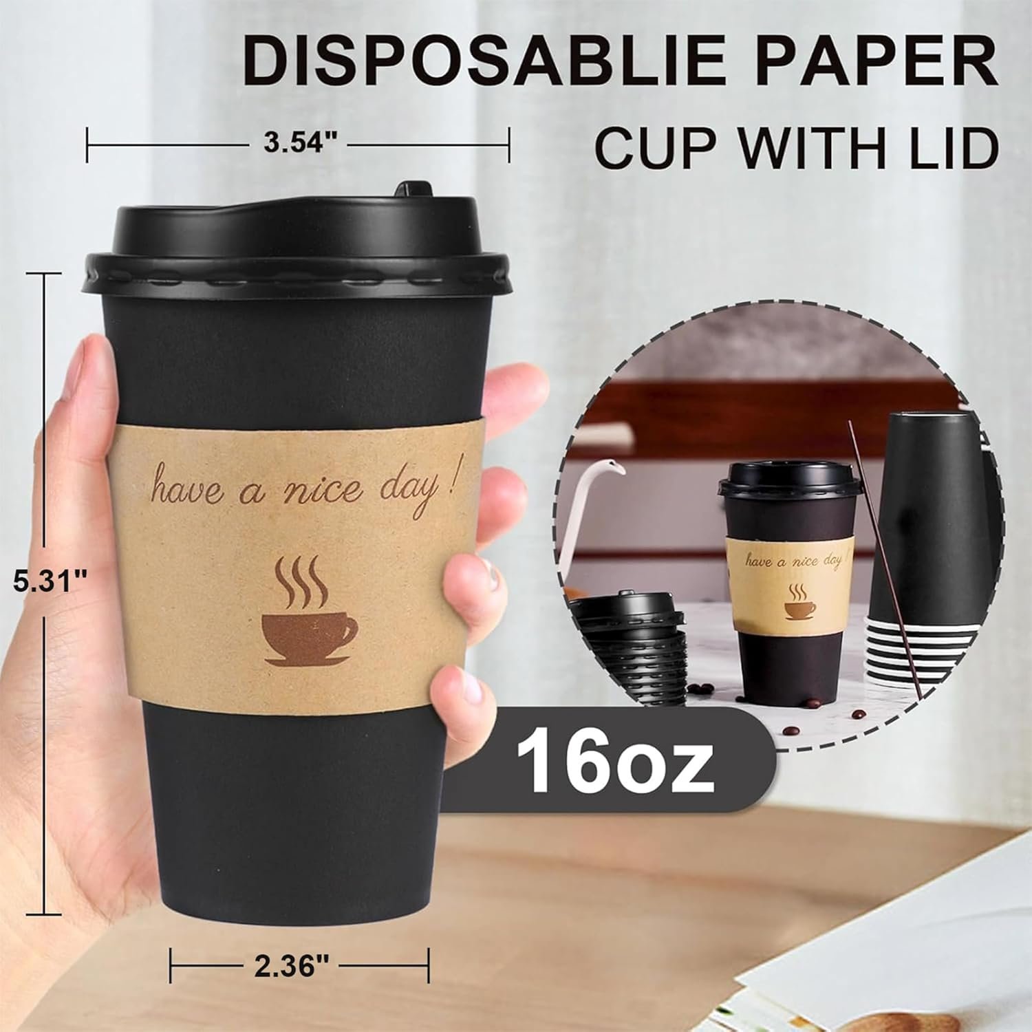 Wholesale 100 Pack 16oz Disposable Paper Coffee Cups with Lids Sleeves Stirrers for Hot Cold Drinks Black Factory
