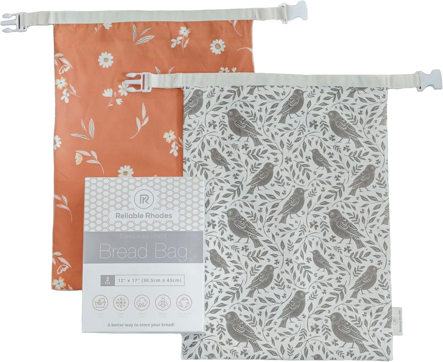 Reliable Rhodes Reusable Beeswax Bread Bag 2 Pack –12x17 Bread Bag for Homemade Sourdough, Beeswax Coated Organic Cotton Storage Bag for Loaf Baguette, Freezer Safe, Eco-Friendly Wrap Birds