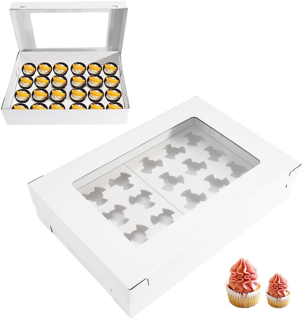 Huoshange 6 Pack Cupcake Boxes with Window for 24 Standard or Mini Cupcakes Corrugated Adjustable Height Bakery Box for Cake,Cookies,Donuts,Muffins&Other Pastries（17.7x11.8x4 Inch）