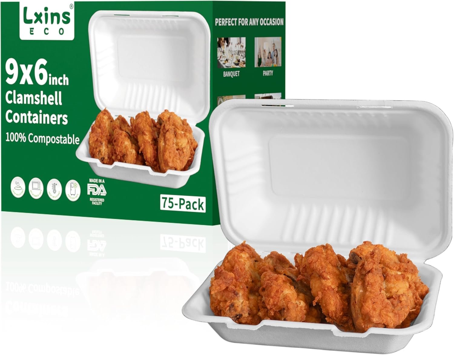 Lxins ECO 9x6 Inch Heavy Duty Clamshell Take Out Containers 【75 Pack】, Compostable Bagasse Food Boxes with Lids, Disposable To-Go Containers for Lunch, Salad, Meal Prep