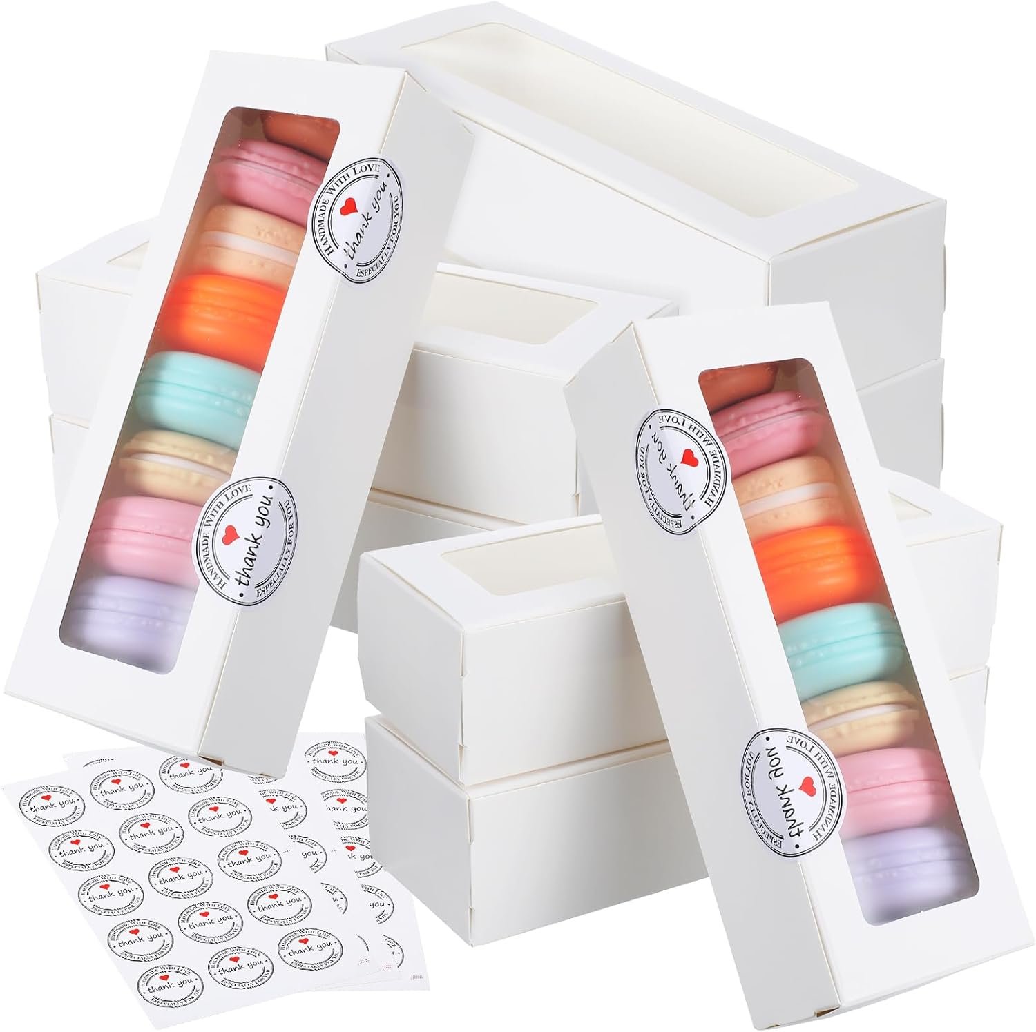 Nodaaiie 100 Pack White Macaron Boxes with Clear Window, Pastry Boxes with 100 Pcs Stickers, Packaging for 6-10 Macarons, Cookies, Truffles, Wedding DIY Gift Giving, 8x3x2 Inches