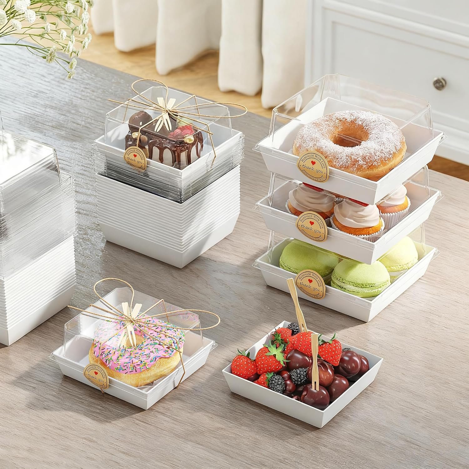 Wholesale 50 Pack Mini Charcuterie Boxes with Clear Lids Disposable Paper Food Containers White Dessert Boxes for Sandwiches Cookies Sushi Includes Strings Stickers 100 Forks Factory