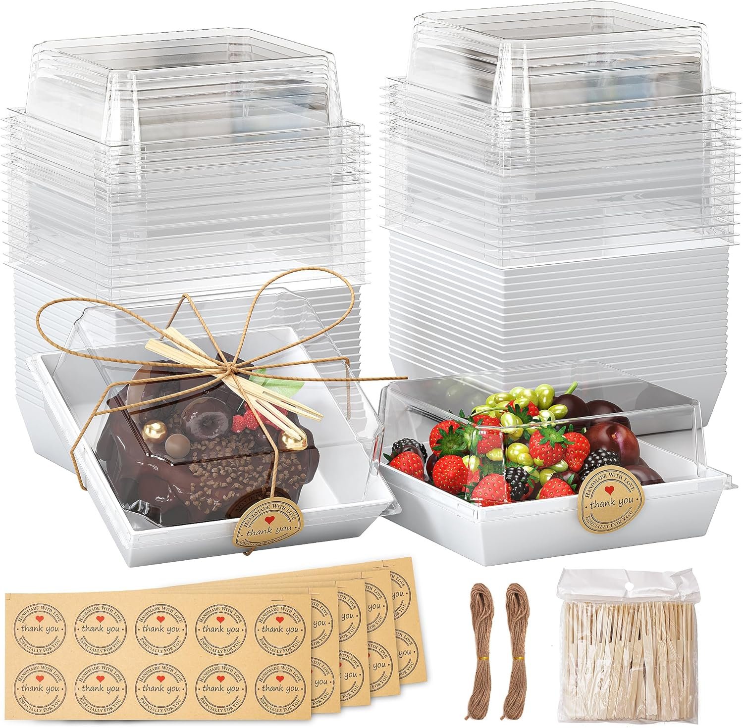 EffiQ-Rate 50 Pack Charcuterie Boxes with Clear Lids - To Go Paper Mini Charcuterie Box,Disposable Food Containers,White Dessert Boxes for Sandwich,Cookie,Sushi-Includes Strings,Stickers,and 100 Forks