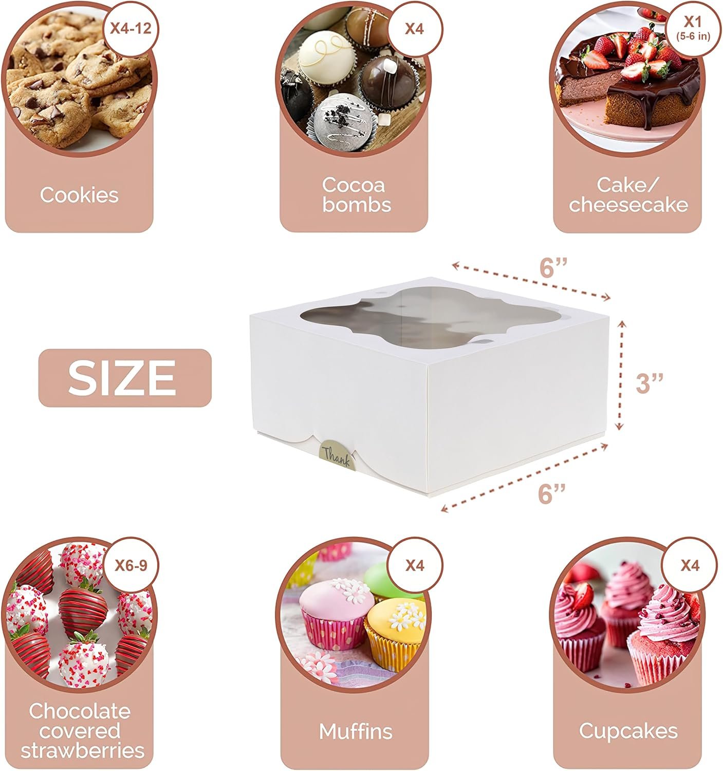 Wholesale 30-Pack 6x6x3 Bakery Boxes with Window for Cookies Cakes Pastries Strawberries Desserts Candy Charcuterie Baked Goods White Factory Wholesale 30-Pack 6x6x3 Bakery Boxes with Window for Cookies Cakes Pastries Strawberries Desserts Candy Charcuterie Baked Goods White Factory