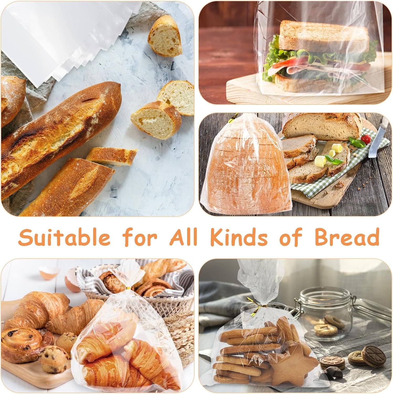 Wholesale 72-Pack Clear Bread Bags with 100 Ties Adjustable Reusable Plastic Loaf Bags for Homemade Bread Home Bakers Bakery Owners Factory