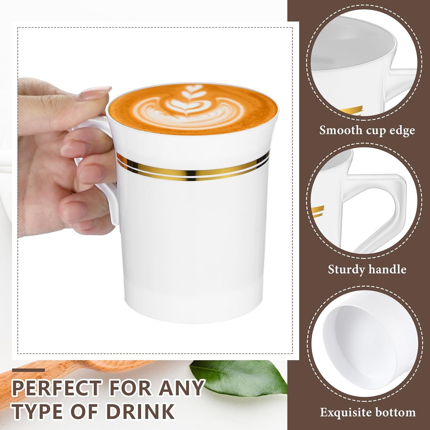 Wholesale 48 Pack 8oz Rimmed Handle Plastic Disposable Coffee Tea Espresso Cups Mugs for Weddings (White, Gold) Factory