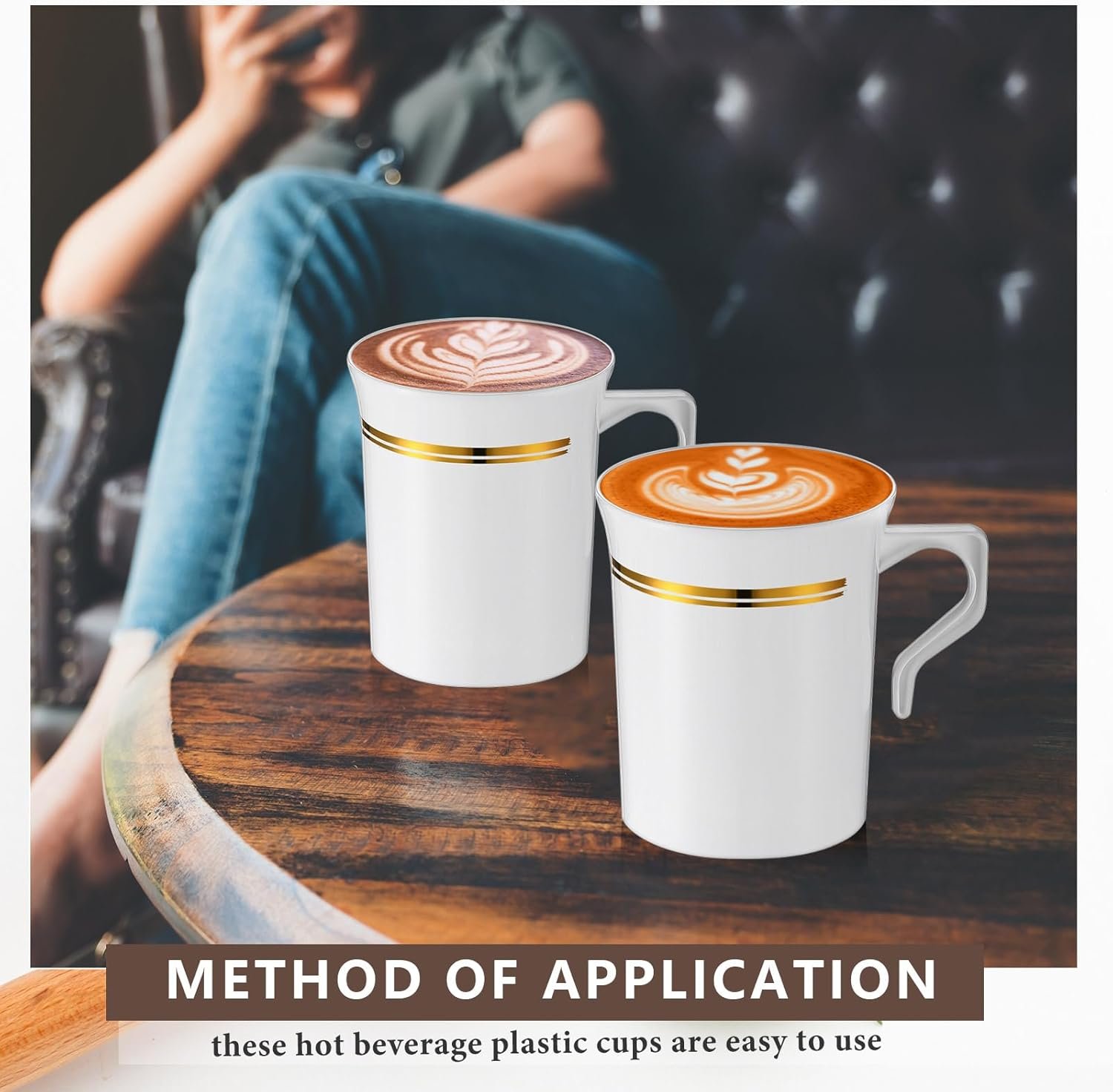 Wholesale 48 Pack 8oz Rimmed Handle Plastic Disposable Coffee Tea Espresso Cups Mugs for Weddings (White, Gold) Factory