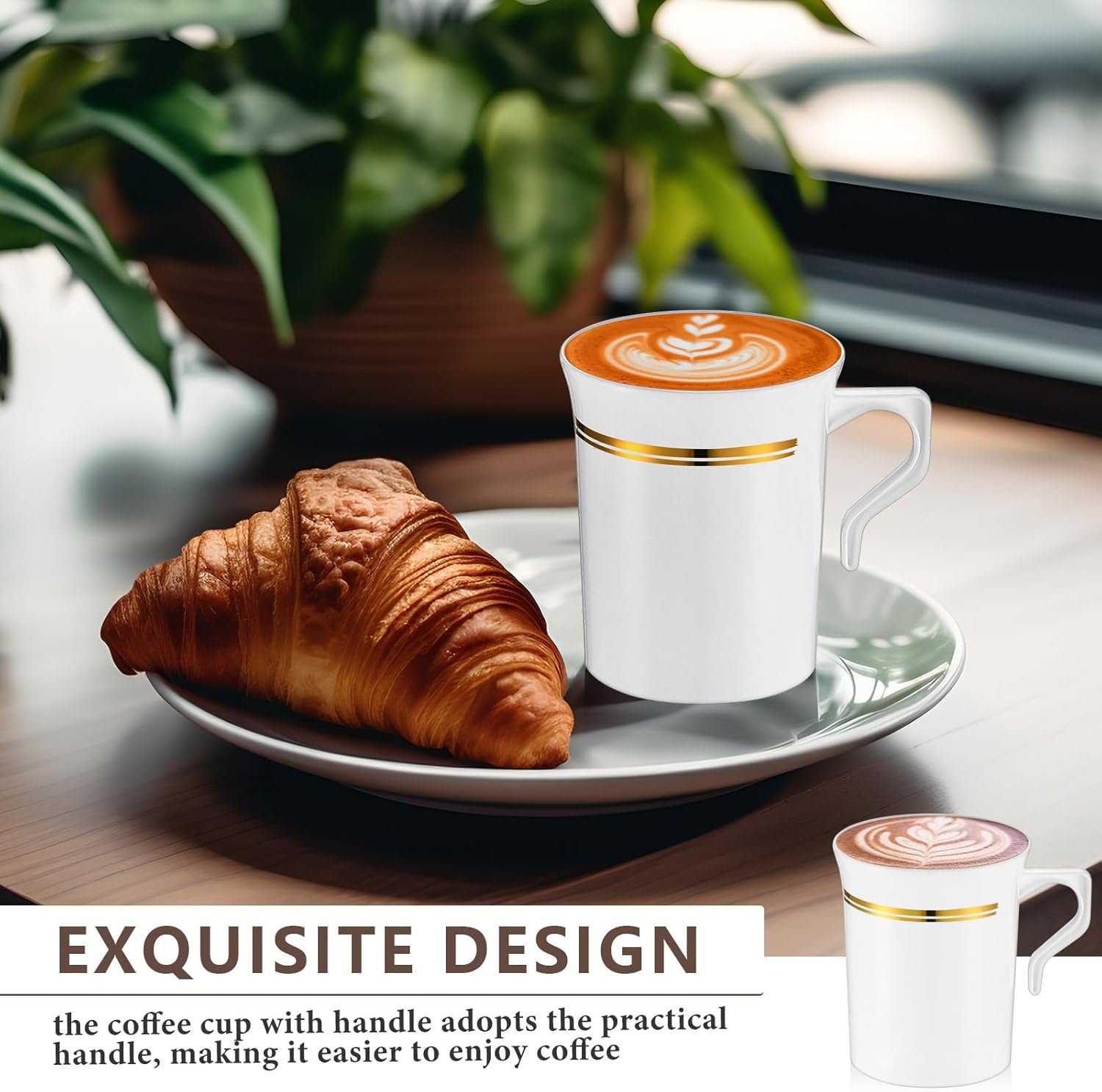 Wholesale 48 Pack 8oz Rimmed Handle Plastic Disposable Coffee Tea Espresso Cups Mugs for Weddings (White, Gold) Factory