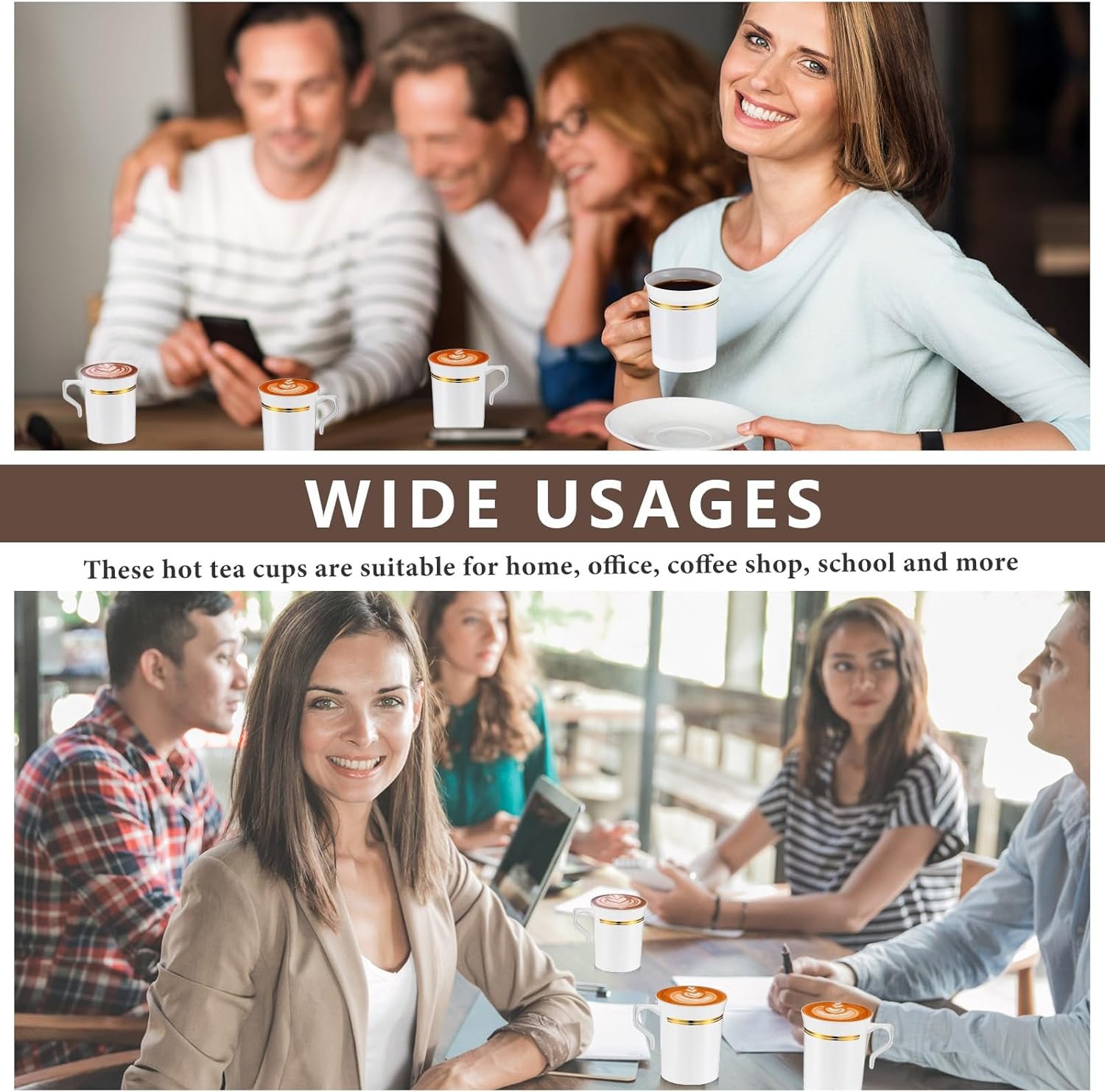 Wholesale 48 Pack 8oz Rimmed Handle Plastic Disposable Coffee Tea Espresso Cups Mugs for Weddings (White, Gold) Factory