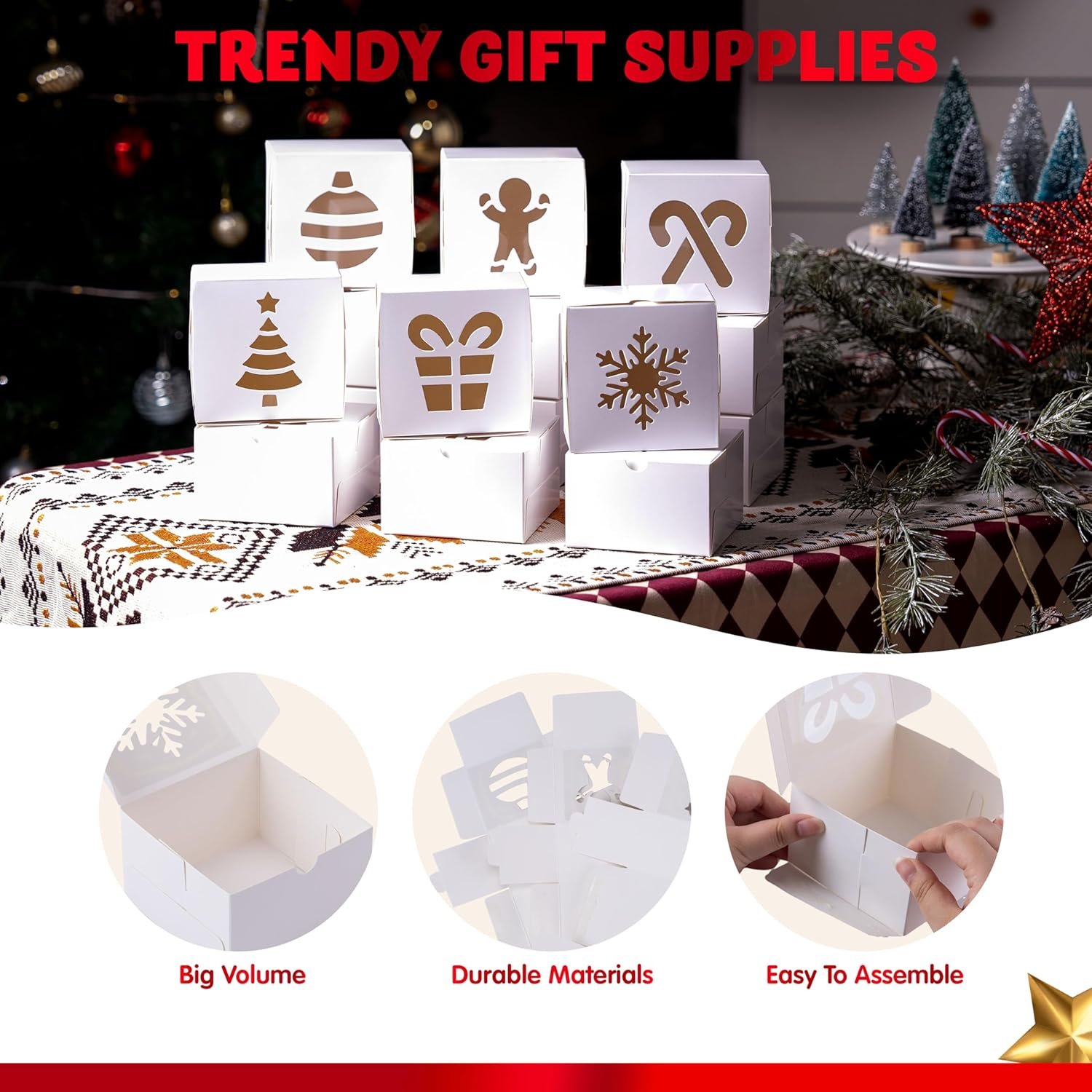 Wholesale 36 Pack 4x4x2.5 Inch White Christmas Cookie Boxes with Window Bakery Treats Gift Boxes for Holiday Party Favors Pastries Cupcakes Donuts Brownies Factory