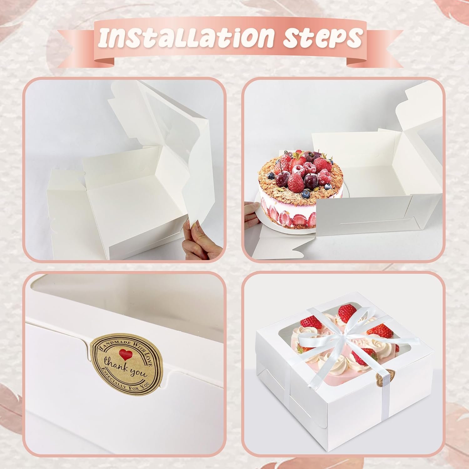 Wholesale 28PCS 8x8x4 Inch White Bakery Boxes with Window Cardboard Pastry Cake Round Boards Ribbon Stickers for Cookies Pies Gifts Birthday Parties Factory Wholesale 28PCS 8x8x4 Inch White Bakery Boxes with Window Cardboard Pastry Cake Round Boards Ribbon Stickers for Cookies Pies Gifts Birthday Parties Factory