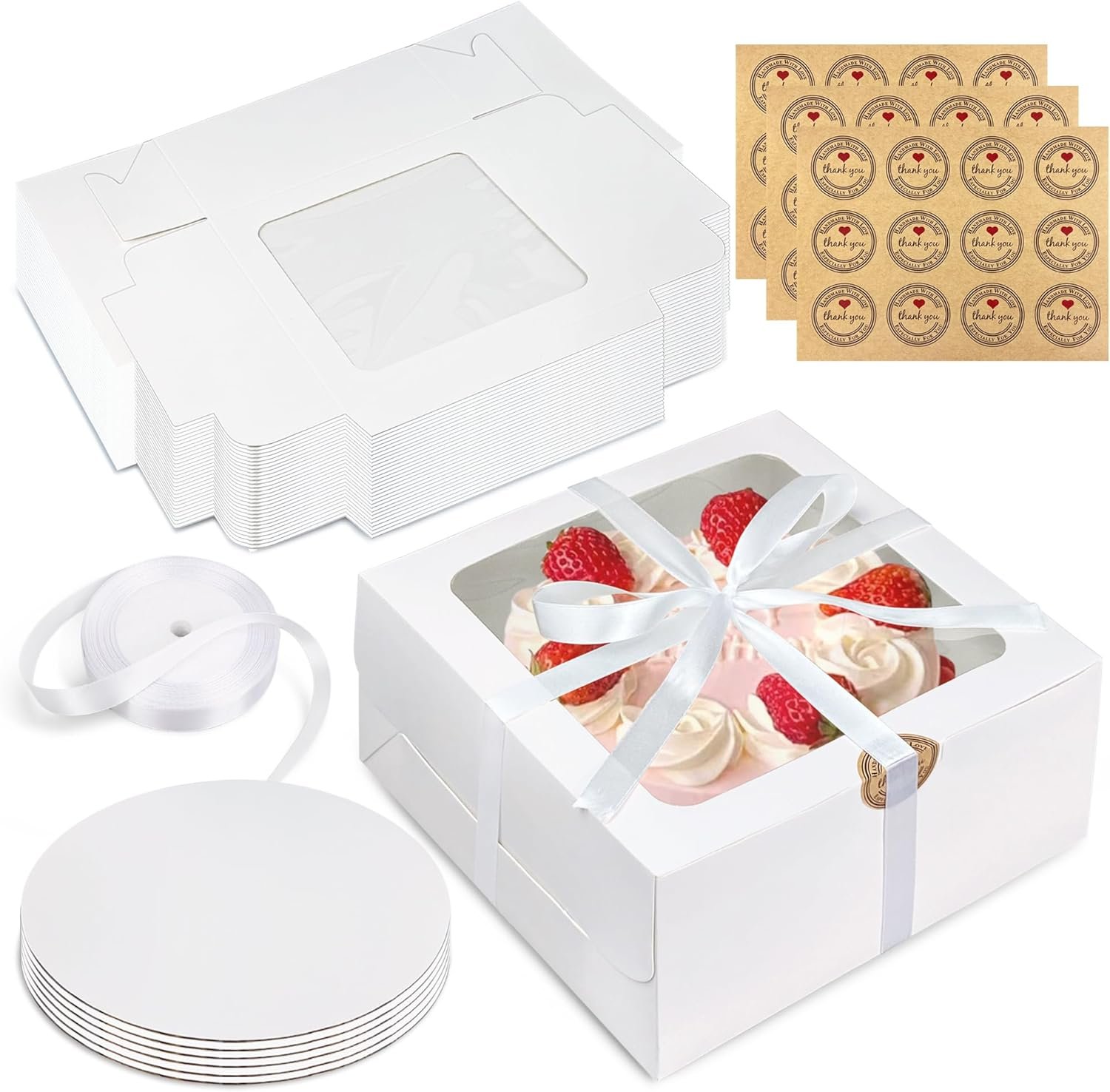 KEEPARTY 28PCS 8x8x4 Inches White Bakery Boxes with Window Bulk Cardboard Pastry and White Cake Round Boards ribbon and stickers for Cookies Pies Gifts and Birthday Party Elegant Pastry Boxes
