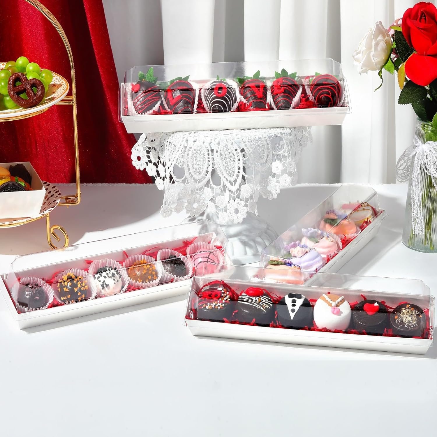 Wholesale 25 Pack 12 x 2.8 x 2.4 Inches Clear Lid Strawberry Macaron Gift Boxes Cookies Truffles Cocoa Bombs Chocolate Factory