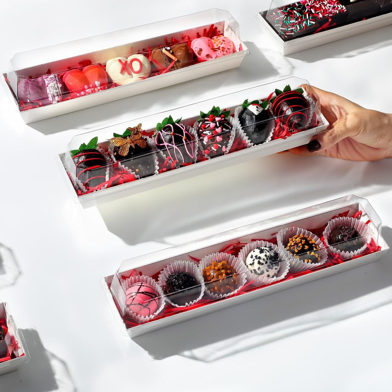 Wholesale 25 Pack 12 x 2.8 x 2.4 Inches Clear Lid Strawberry Macaron Gift Boxes Cookies Truffles Cocoa Bombs Chocolate Factory