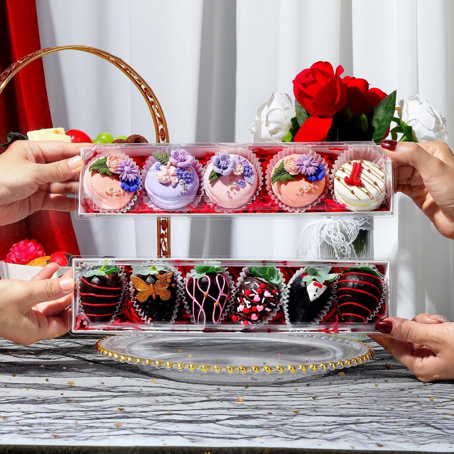 Wholesale 25 Pack 12 x 2.8 x 2.4 Inches Clear Lid Strawberry Macaron Gift Boxes Cookies Truffles Cocoa Bombs Chocolate Factory