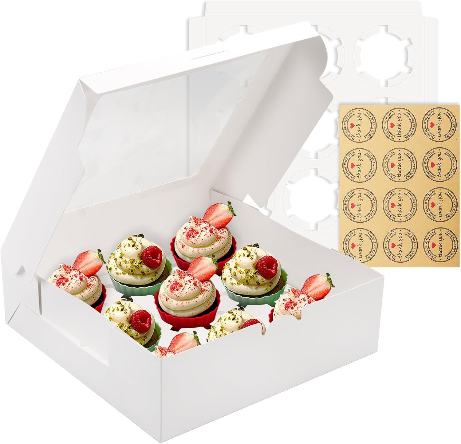 9-Count White Cupcake Boxes with Window and Insert, 9x9x3 Inch, Set of 8, Suitable for Cupcakes, Muffins, and Cookies