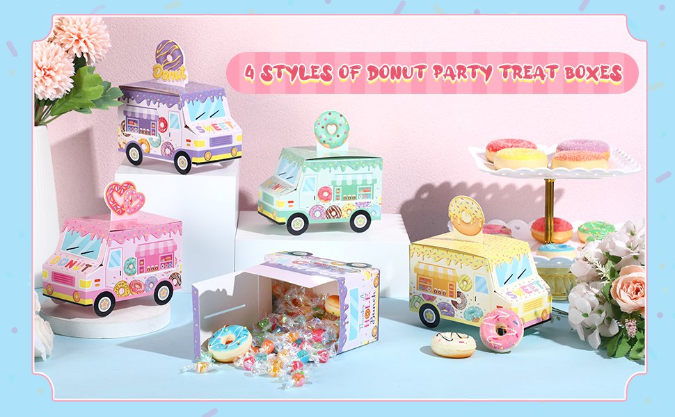 Wholesale 24pcs Donut Party Favor Boxes Sweet Truck Treat Goodie Candy Gift Bags Doughnut Grow Up Theme 1st 2nd Birthday Baby Shower Table Decor Factory