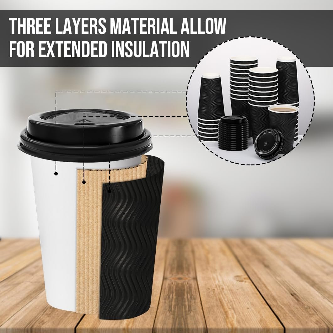 Wholesale 100 Pack 16oz Black Insulated Coffee Cups with Lids Disposable Ripple Wall Paper Hot To-Go Cups for Office Coffee Bar Factory Wholesale 100 Pack 16oz Black Insulated Coffee Cups with Lids Disposable Ripple Wall Paper Hot To-Go Cups for Office Coffee Bar Factory