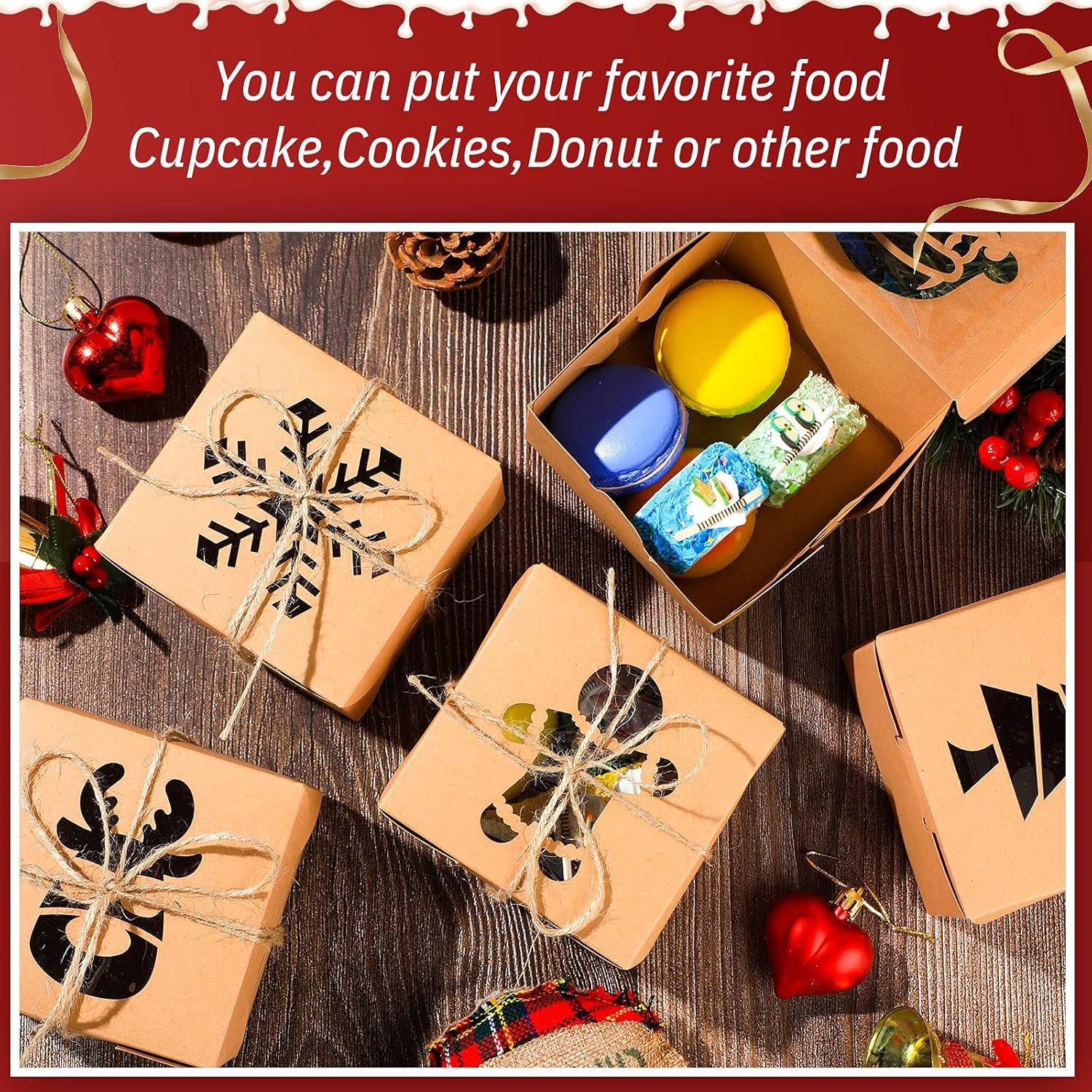 Wholesale 30 Pack Christmas Cookie Boxes Clear Window Kraft Bakery Pastry Gift Boxes with Rope Handles 4x4x2.5 Inches Brown Classic Factory