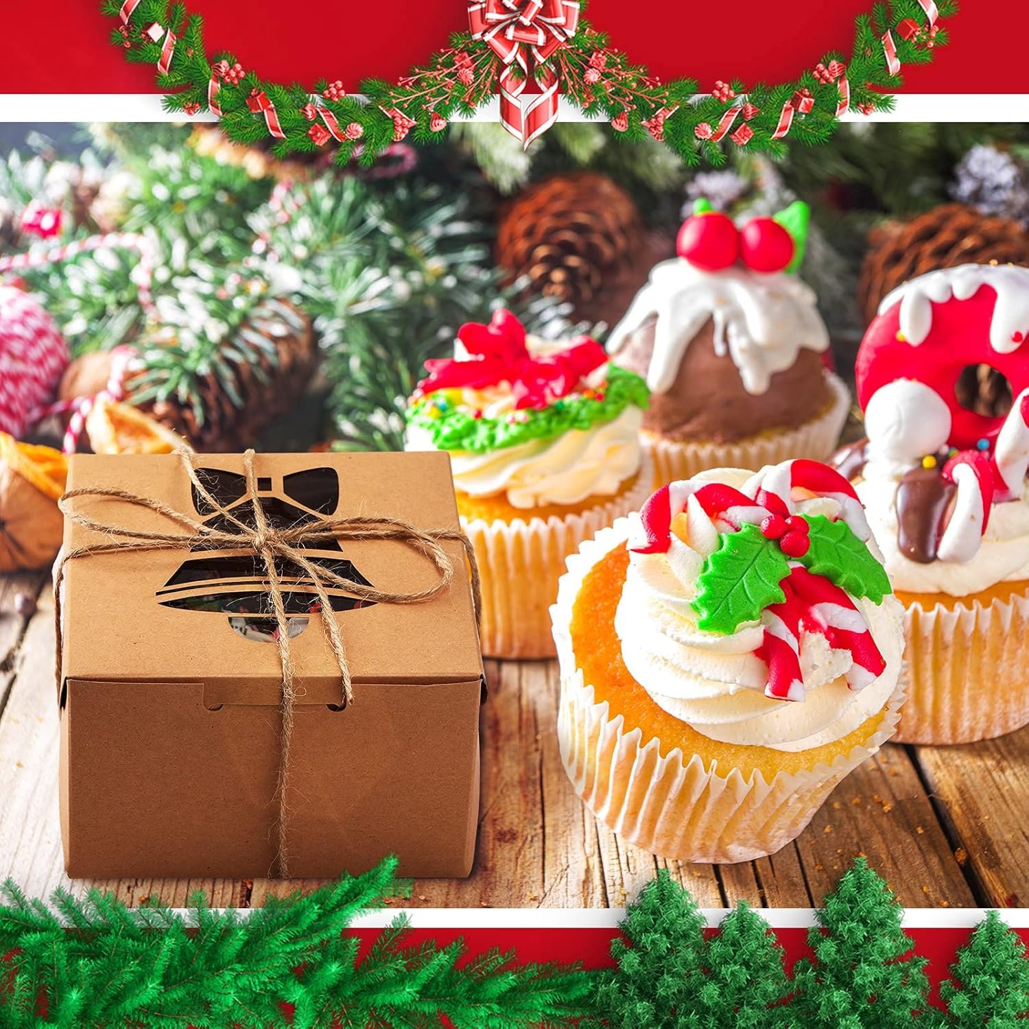 Wholesale 30 Pack Christmas Cookie Boxes Clear Window Kraft Bakery Pastry Gift Boxes with Rope Handles 4x4x2.5 Inches Brown Classic Factory