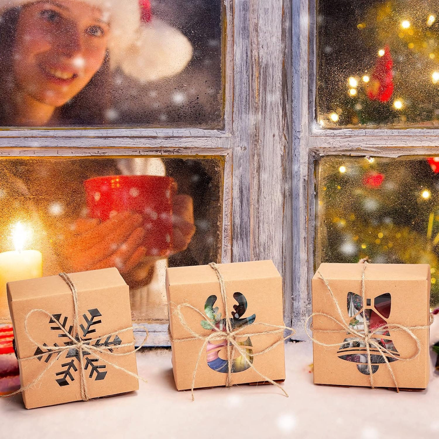 Wholesale 30 Pack Christmas Cookie Boxes Clear Window Kraft Bakery Pastry Gift Boxes with Rope Handles 4x4x2.5 Inches Brown Classic Factory