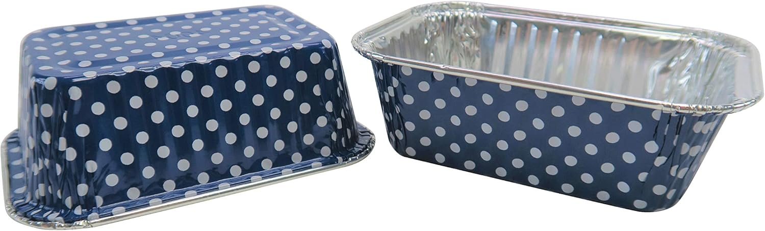 Wholesale 6 Ounce Disposable Aluminum Mini Rectangular Loaf Pans No Lid Oven Safe Foil Baking for Cakes Cobblers Blue Polka Dot 50 Pack #4004 Factory
