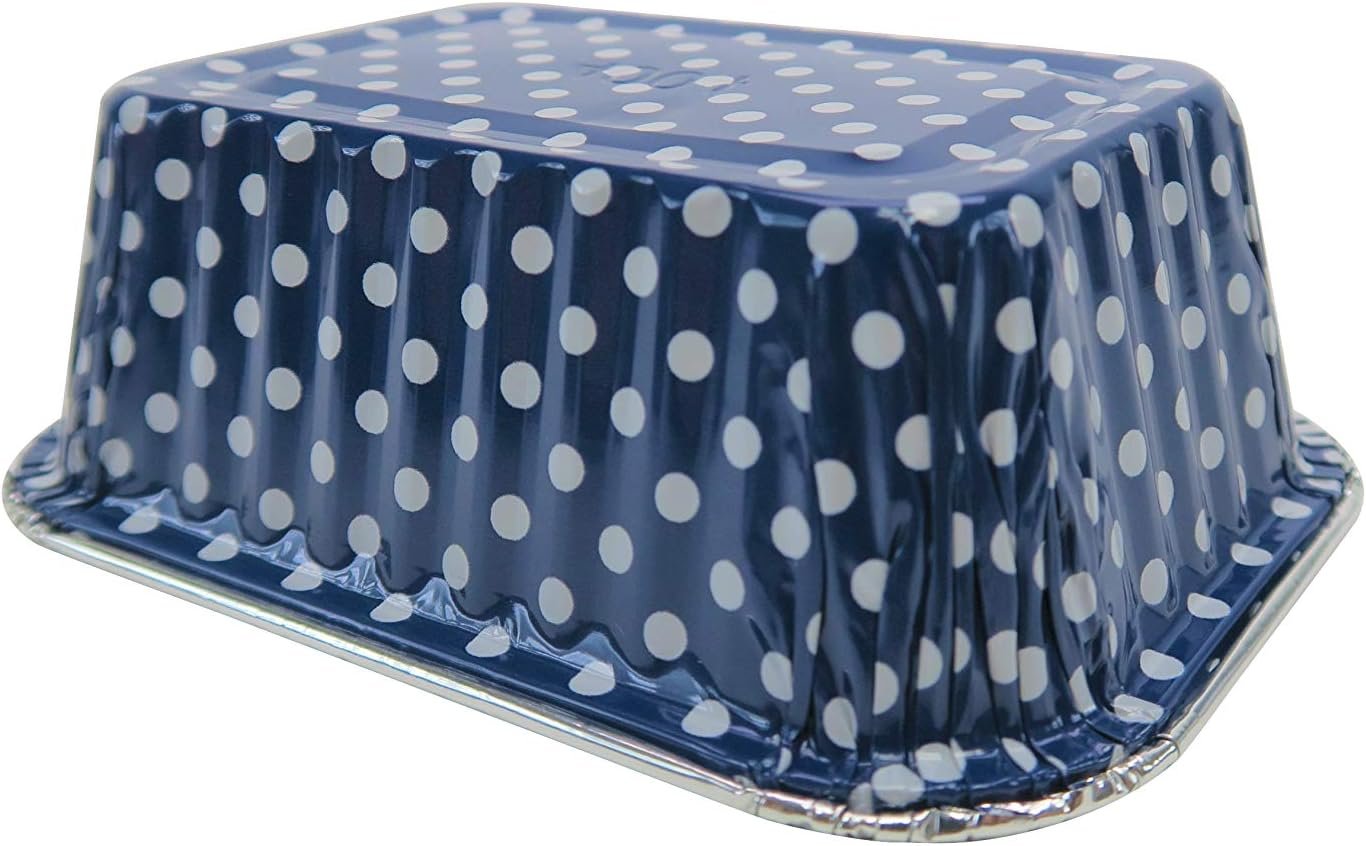 Wholesale 6 Ounce Disposable Aluminum Mini Rectangular Loaf Pans No Lid Oven Safe Foil Baking for Cakes Cobblers Blue Polka Dot 50 Pack #4004 Factory