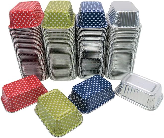 KitchenDance Disposable Aluminum Mini Loaf Pans without Lid - 6 Ounces Rectangular Individual Aluminum Foil Pan for Cakes, Cobblers - Oven Safe Aluminum Baking Pans, #4004 (Blue Polka Dot, 50)