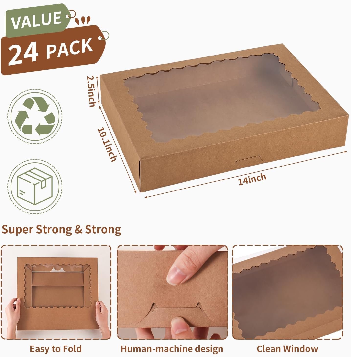 Wholesale 24 Pack 14x10x2.5 Inch Large Window Bakery Boxes for Cookies Pies Chocolate Strawberries Muffins Donuts Pastries Desserts Christmas Brown Factory