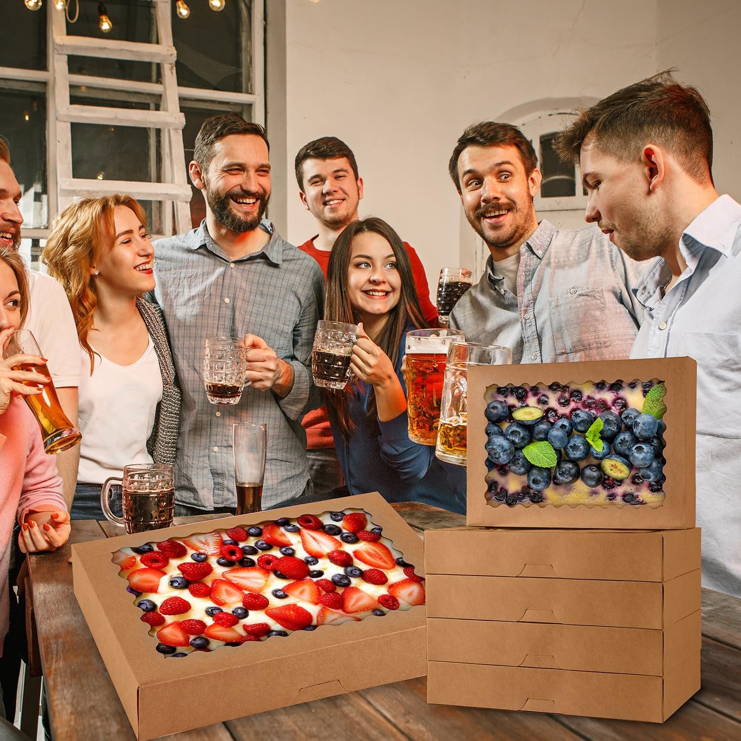 Wholesale 24 Pack 14x10x2.5 Inch Large Window Bakery Boxes for Cookies Pies Chocolate Strawberries Muffins Donuts Pastries Desserts Christmas Brown Factory