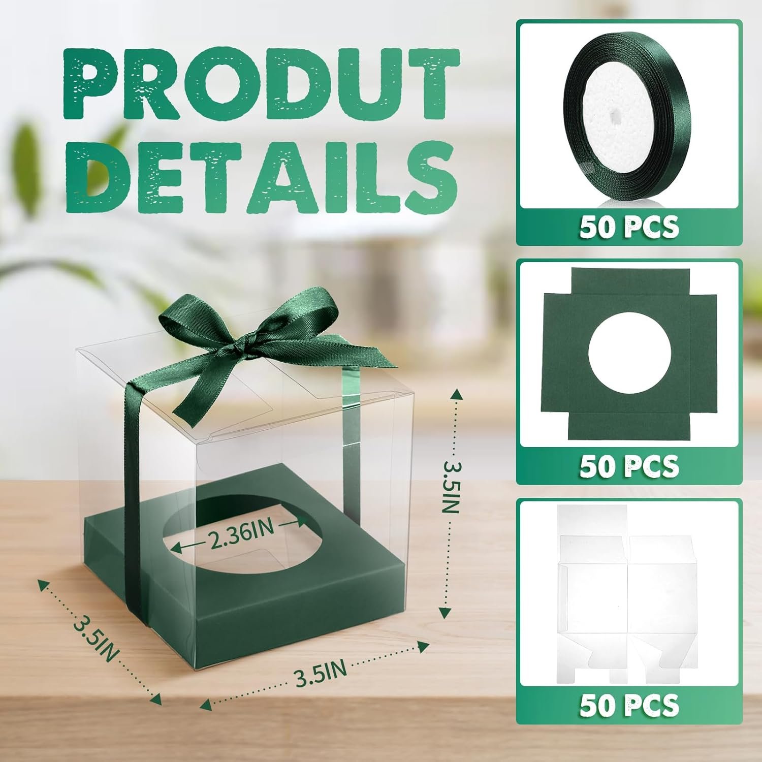 Wholesale 50pcs 3.5 Inch Clear Plastic Individual Cupcake Boxes with Inserts Ribbon Green Cake Storage Factory