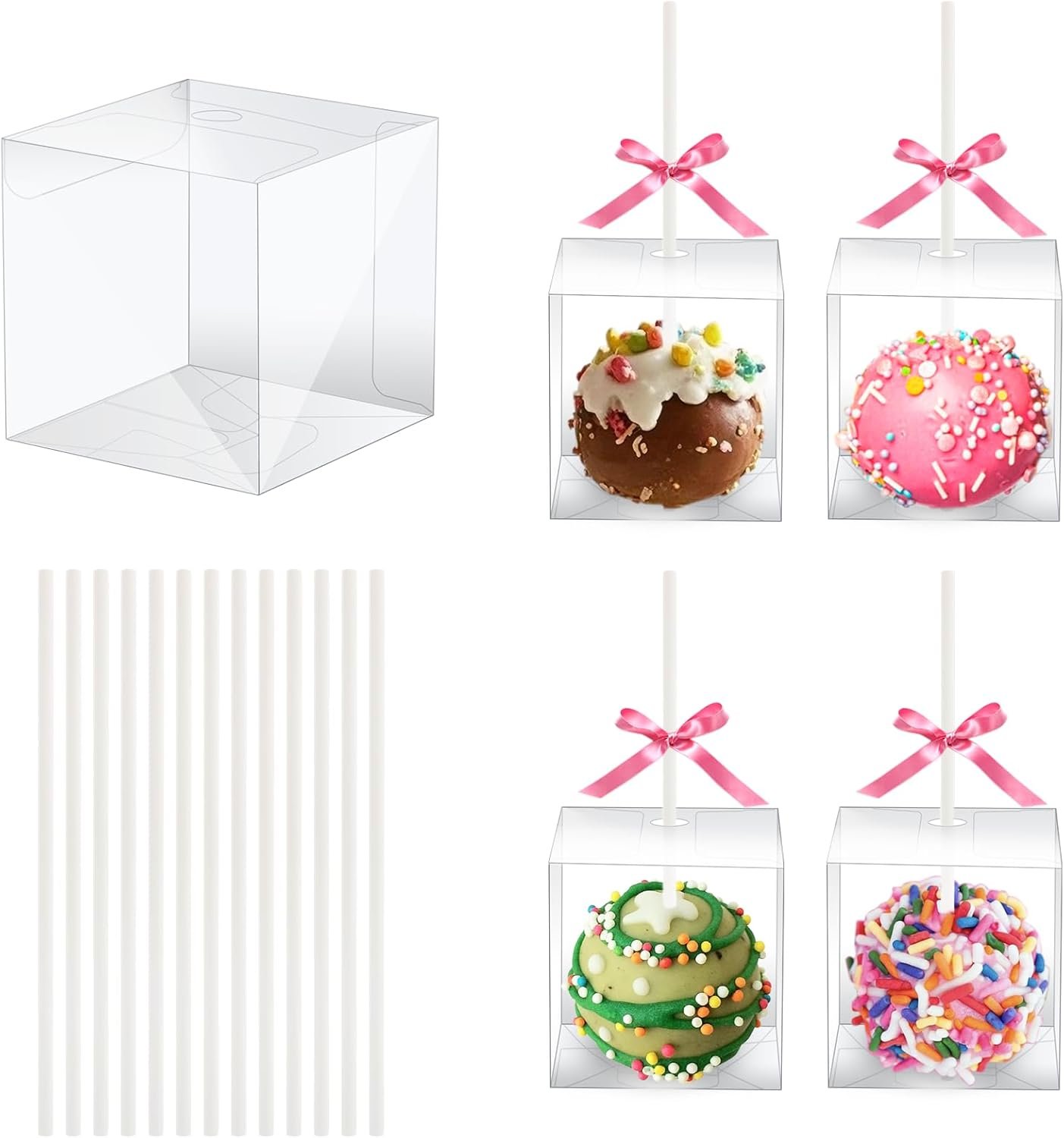 MGWOTH 35 Set Cake Pop Boxes with Paper Sticks Kit: Clear Gift Container with Holes for Candy, Macaron, Lollipop Packaging, Mini Plastic Cakepop Wrapping for Wedding Party Birthday Christmas