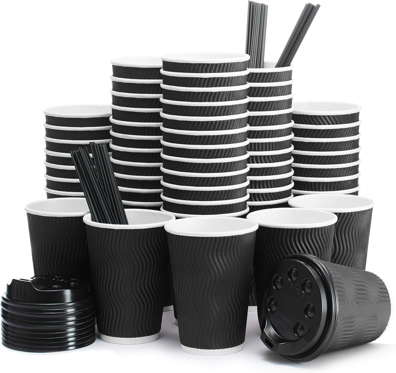 Primens Insulated Disposable Coffee Cups with Lids & Straws 12 oz, 100 Packs - Paper Cups for Hot Beverage Drinks To Go Tea Coffee Home Office Car Coffee Shop Party (Black)