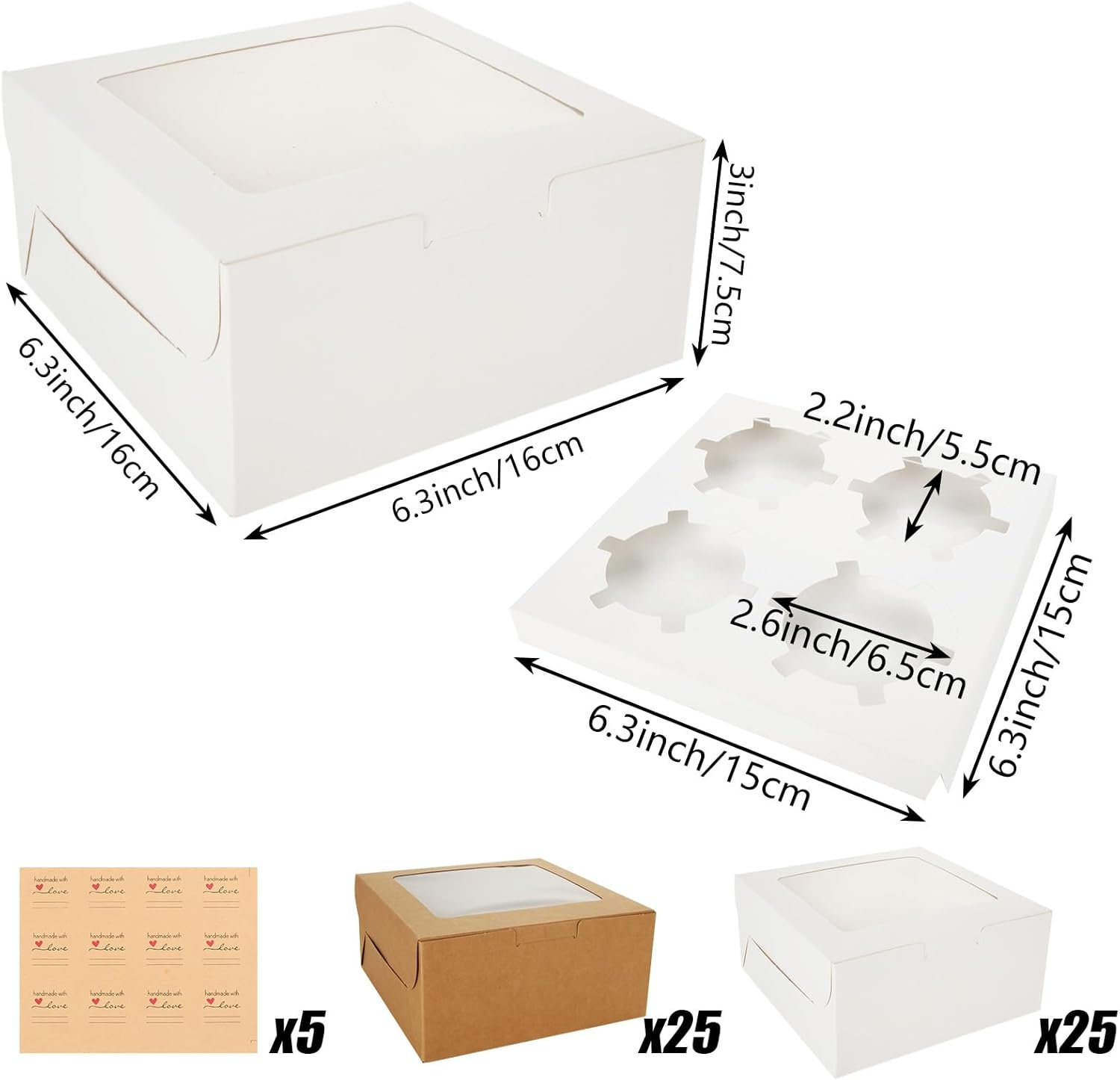 Wholesale 50PCS 6.3x6.3x3 Inch Cupcake Boxes with Window Inserts Stickers 4 Holes for Cookies Muffins Pastries Desserts Donuts Factory