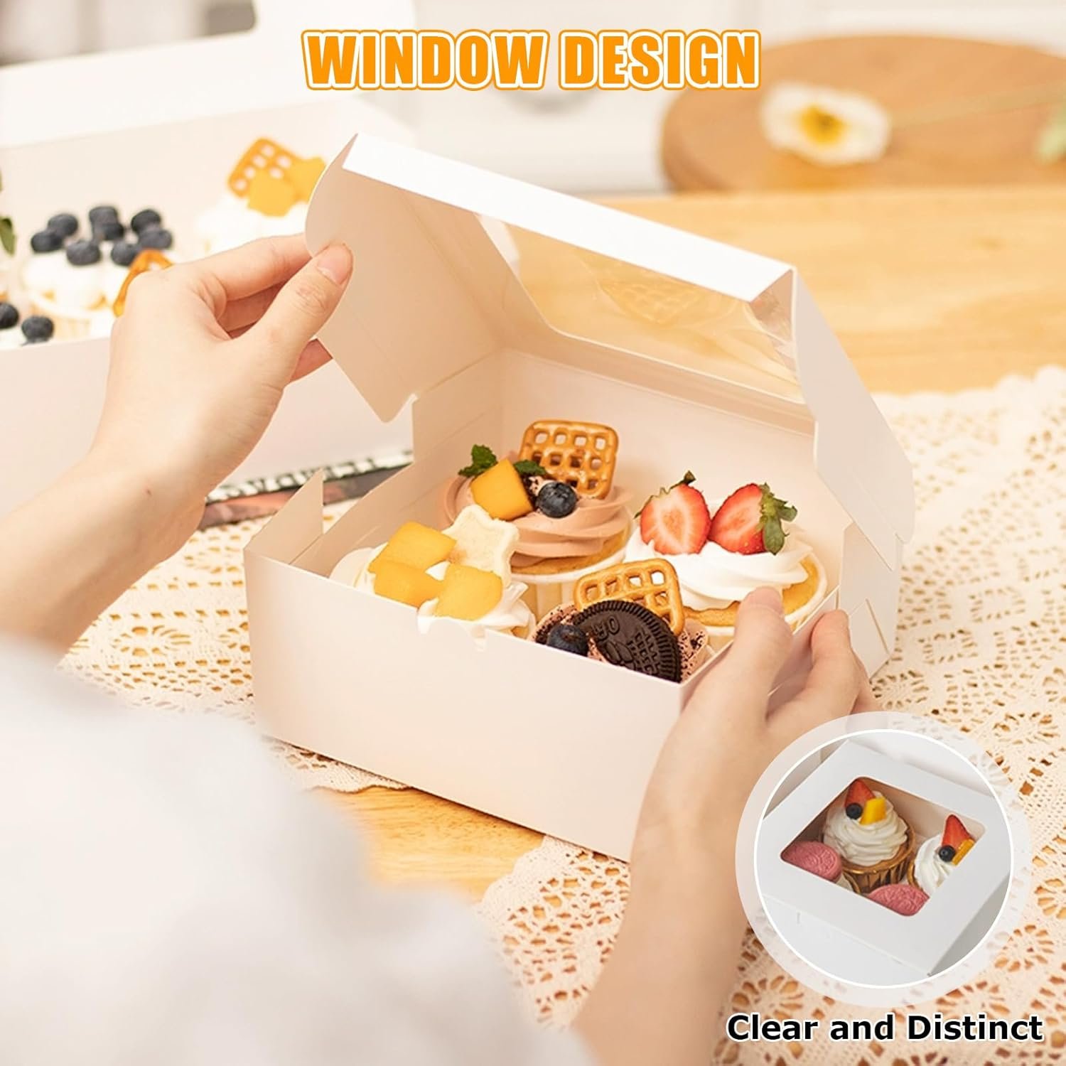 Wholesale 50PCS 6.3x6.3x3 Inch Cupcake Boxes with Window Inserts Stickers 4 Holes for Cookies Muffins Pastries Desserts Donuts Factory