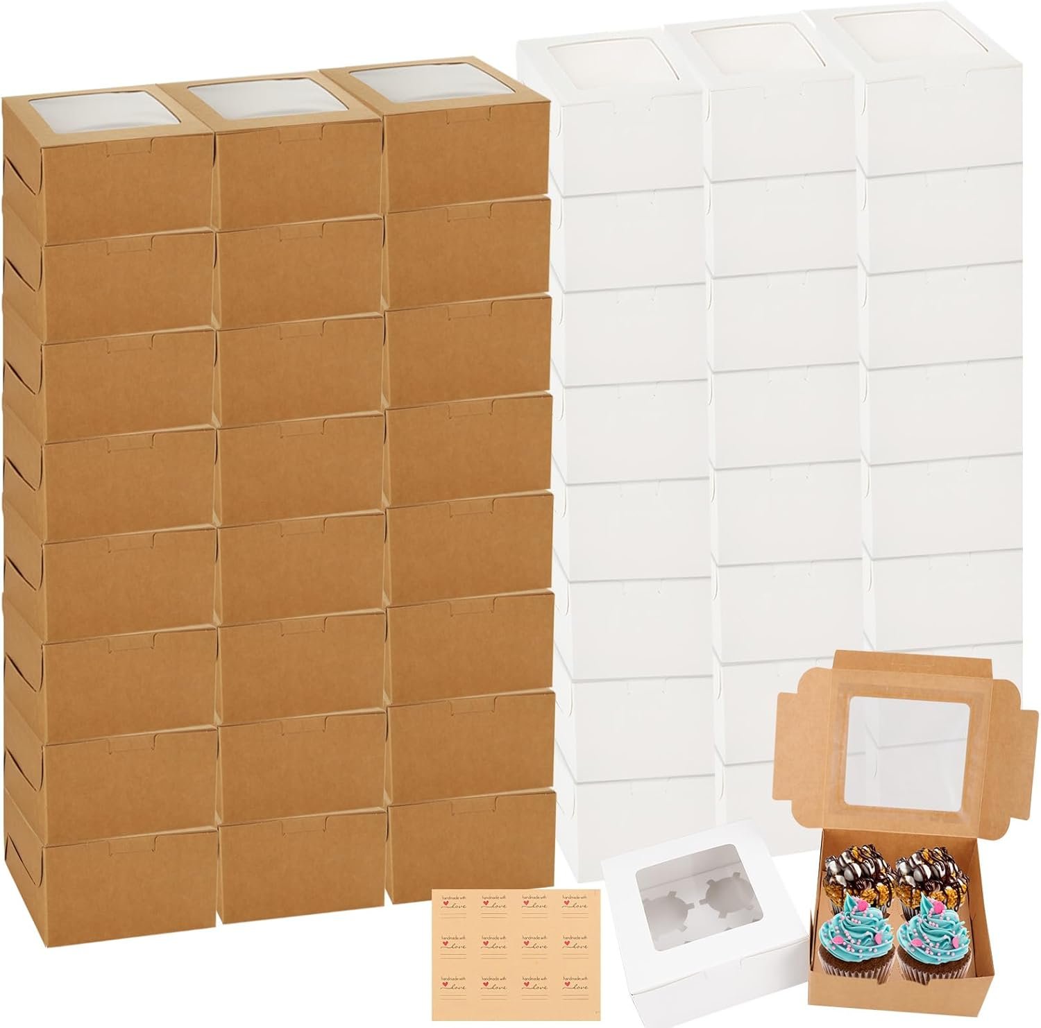 LANIAKEA 50PCS Cupcake Boxes, 6.3x6.3x3 Inches Small Cake Boxes with Window, Inserts and Stickers, 4 Holes Bakery Pastry Boxes for Cup Cakes, Cookies, Muffins, Pastries, Desserts, Donuts