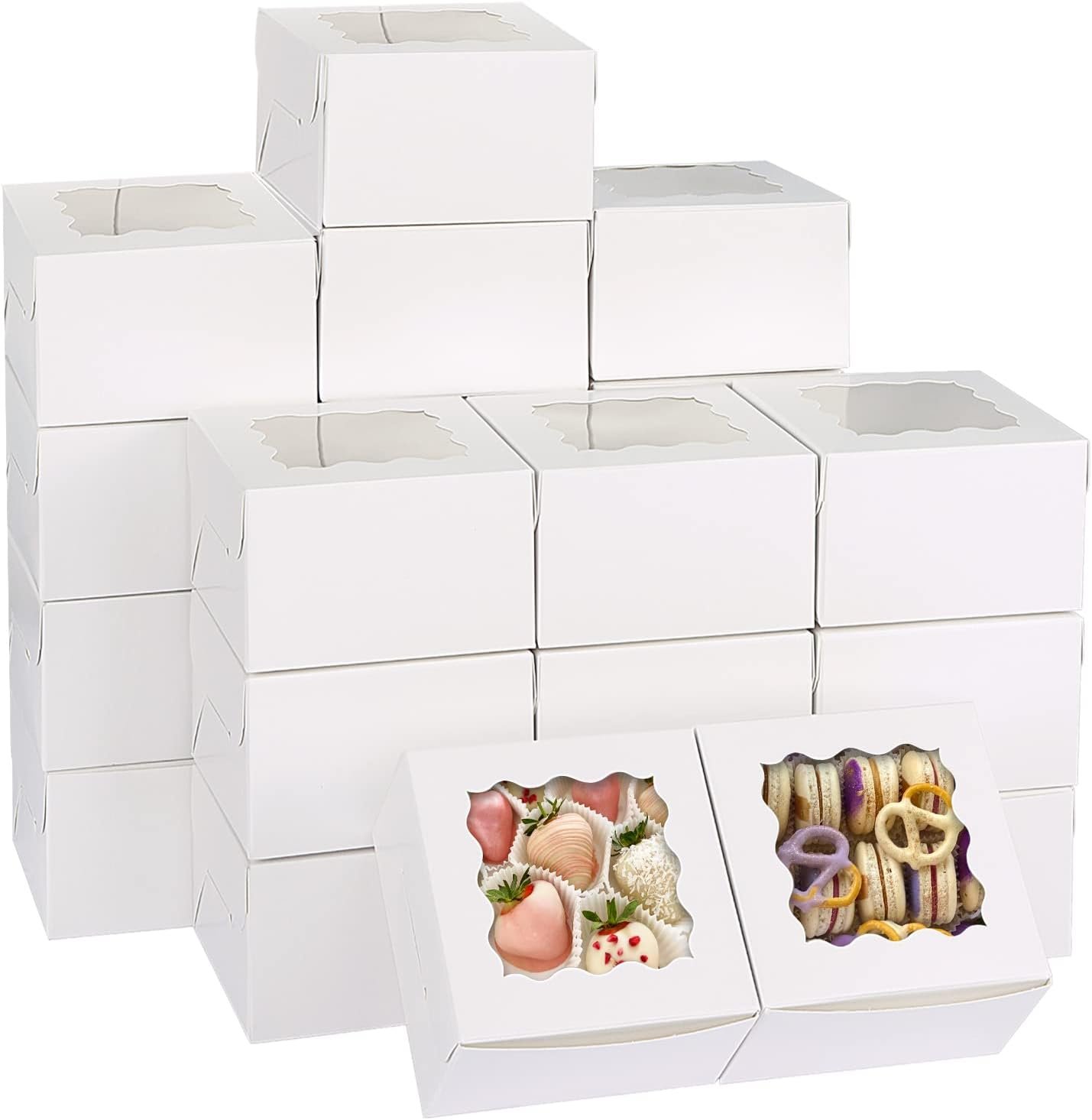Moretoes 120pcs White Bakery Boxes, 4x4x2.5 Inch Cookie Boxes with Window for Small Cake, Treats, Donuts, Candy