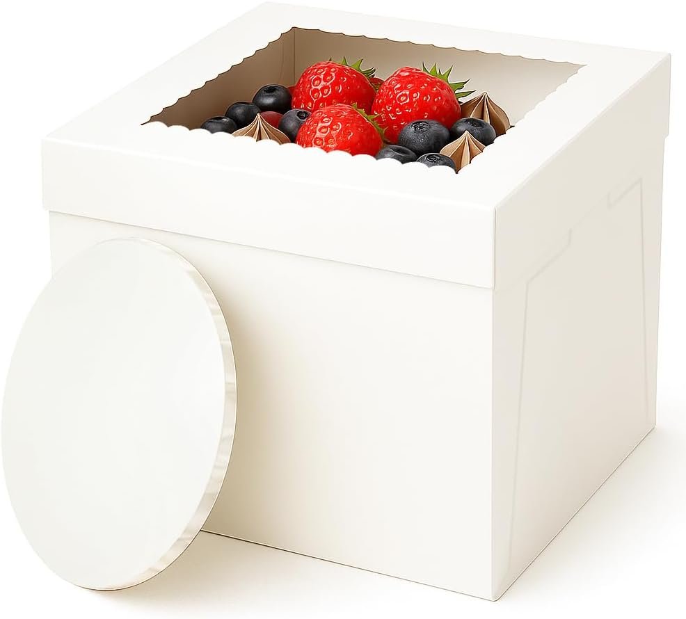 BLUSHORE 5-Set Cake Boxes 12 Inch With 0.5" Cake Drums - 12x12x8 Tall Cake Box and 12" Thick Cake Boards - Sturdy 12 Inch Cake Box - Disposable Cake Carrier for Tier Cakes [Includes 5 Boxes, 5 Drums]