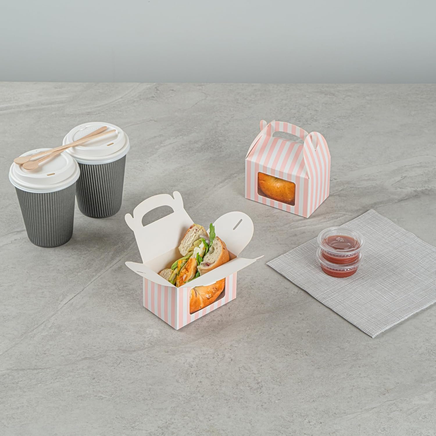 Wholesale 4x2.5x2.5 Inch Striped Pink White Gable Barn Boxes Clear PET Window Built-In Handle 25 Pack Party Favors Factory