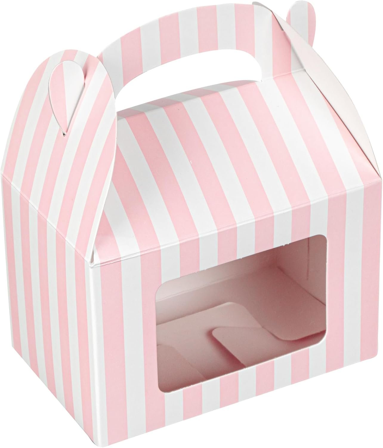 Wholesale 4x2.5x2.5 Inch Striped Pink White Gable Barn Boxes Clear PET Window Built-In Handle 25 Pack Party Favors Factory