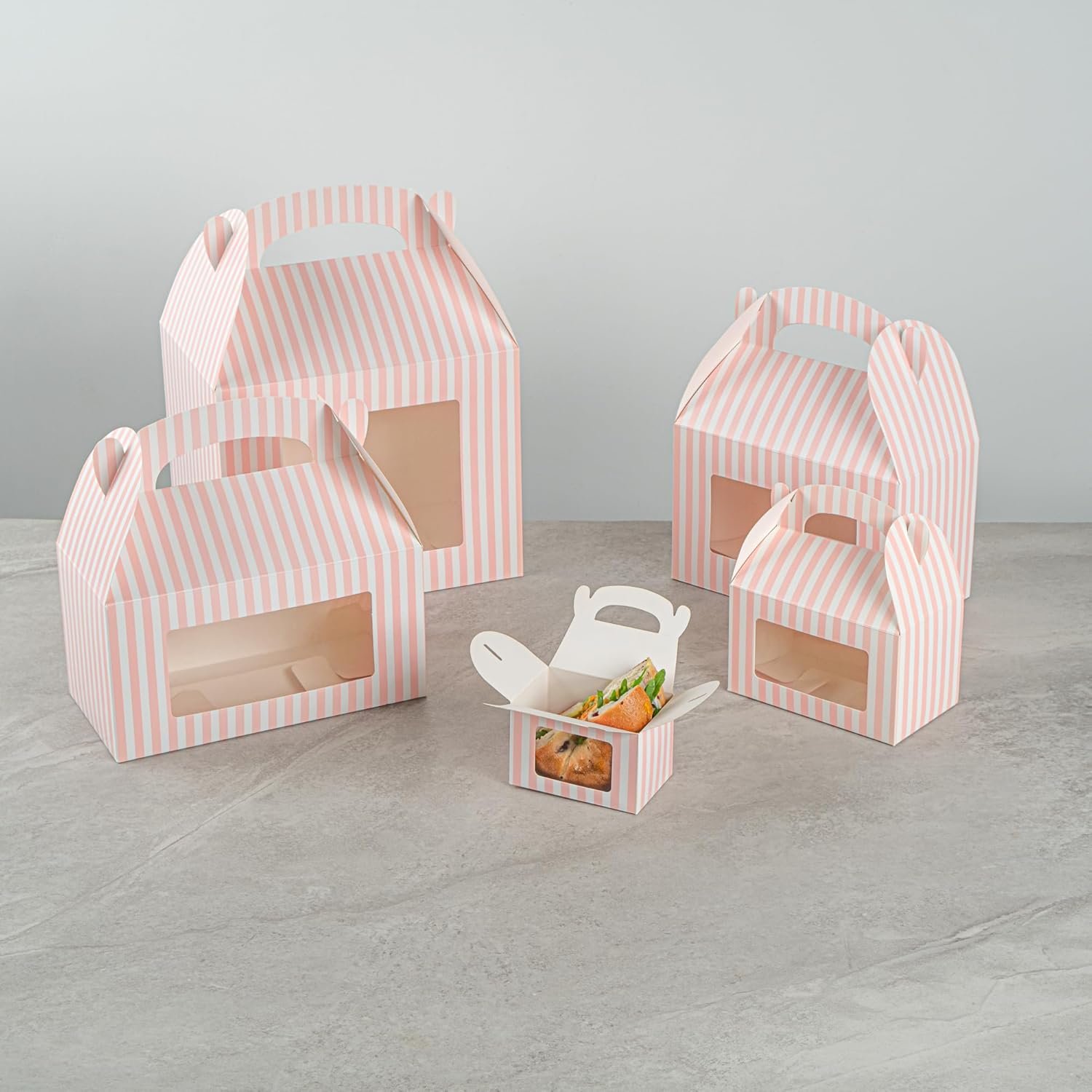 Wholesale 4x2.5x2.5 Inch Striped Pink White Gable Barn Boxes Clear PET Window Built-In Handle 25 Pack Party Favors Factory