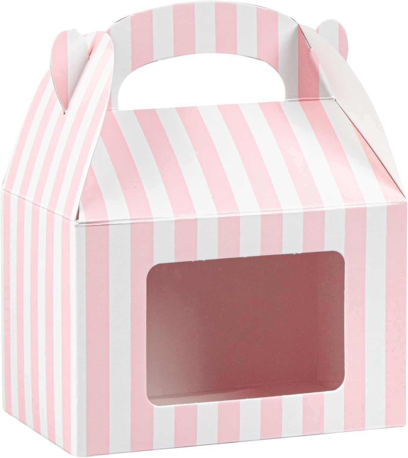 Wholesale 4x2.5x2.5 Inch Striped Pink White Gable Barn Boxes Clear PET Window Built-In Handle 25 Pack Party Favors Factory