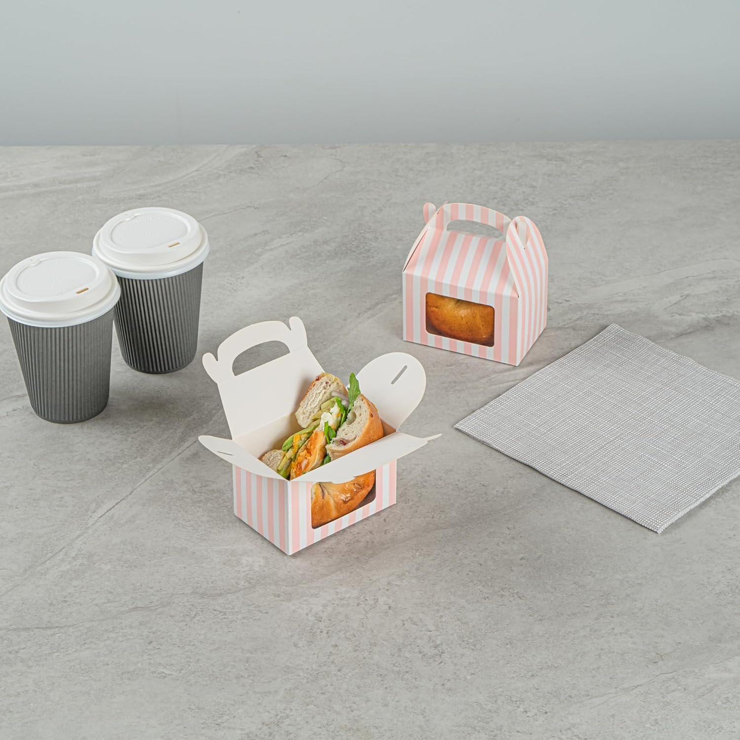 Wholesale 4x2.5x2.5 Inch Striped Pink White Gable Barn Boxes Clear PET Window Built-In Handle 25 Pack Party Favors Factory